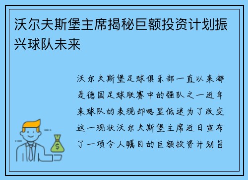 沃尔夫斯堡主席揭秘巨额投资计划振兴球队未来